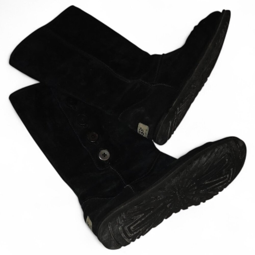 Ugg Suede Boots Button Side Fold Over Black Womens Size 9 Vintage Chunky Buttons
